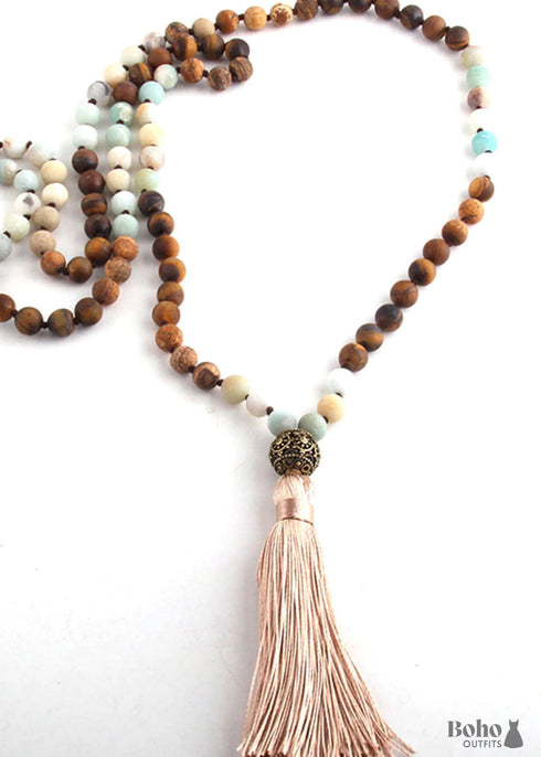 Boho Necklace, RH Amazonite Jasper, Lariat Silver Ball Green Brown Natural Stone